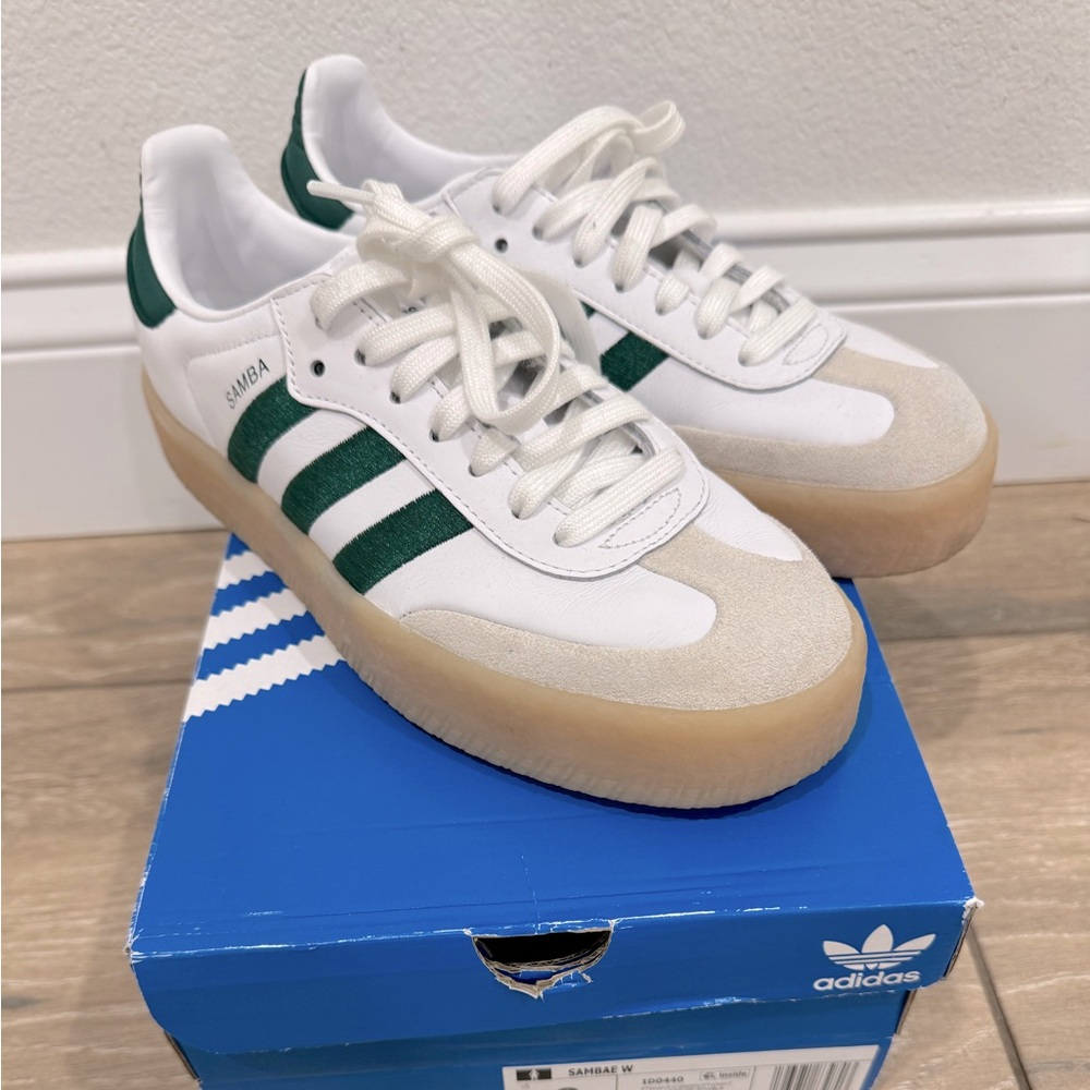 Women’s Adidas green/white samba shoes
